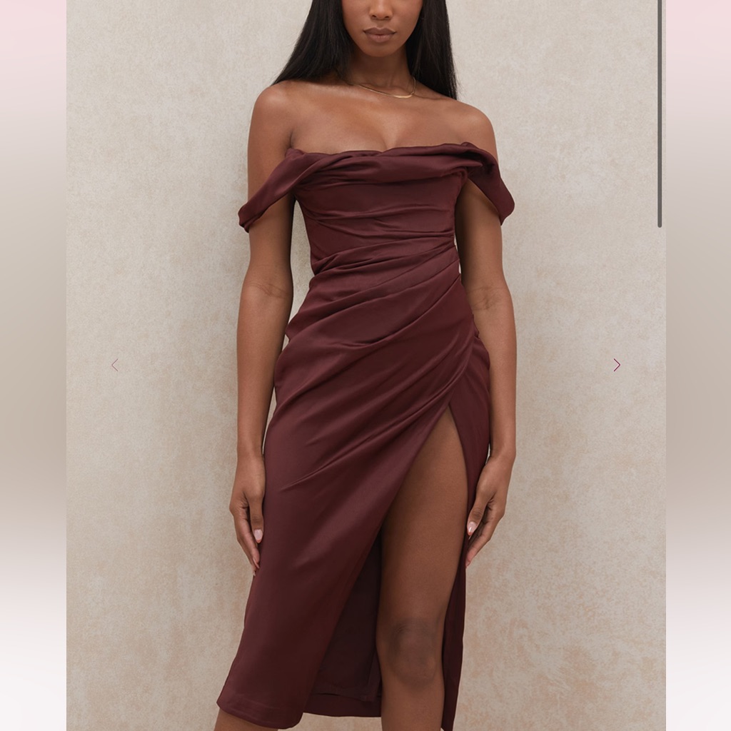 House Of Cb Strapless Ruched Midi Dress In Burgundy
